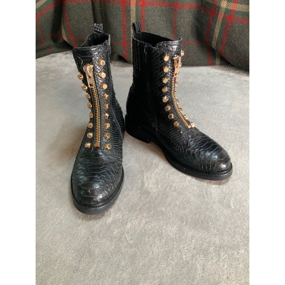 Jeffrey Campbell Black Snakeskin Embossed Gold Studded Front Zip Combat Boots 7